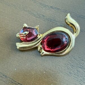 Vintage Gold Cat Brooch with Red Gemstones